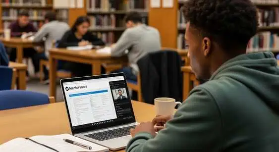 “Black student learning independently through online pre-recorded tech courses on Mentorshore.”